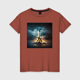 Женская футболка хлопок с принтом Картина электрогитары посреди бушующего океана в Петрозаводске, 100% хлопок | прямой крой, круглый вырез горловины, длина до линии бедер, слегка спущенное плечо | 