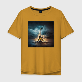 Мужская футболка хлопок Oversize с принтом Картина электрогитары посреди бушующего океана в Петрозаводске, 100% хлопок | свободный крой, круглый ворот, “спинка” длиннее передней части | 