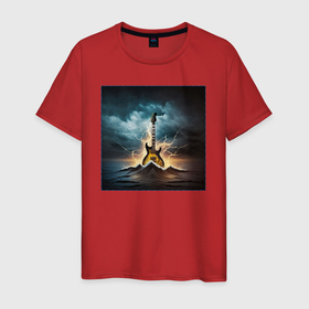 Мужская футболка хлопок с принтом Картина электрогитары посреди бушующего океана в Петрозаводске, 100% хлопок | прямой крой, круглый вырез горловины, длина до линии бедер, слегка спущенное плечо. | 