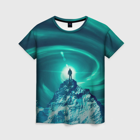 Женская футболка 3D с принтом Человек на вершине мифической горы , 100% полиэфир ( синтетическое хлопкоподобное полотно) | прямой крой, круглый вырез горловины, длина до линии бедер | 