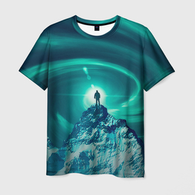 Мужская футболка 3D с принтом Человек на вершине мифической горы в Санкт-Петербурге, 100% полиэфир | прямой крой, круглый вырез горловины, длина до линии бедер | 
