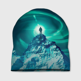 Шапка 3D с принтом Человек на вершине мифической горы , 100% полиэстер | универсальный размер, печать по всей поверхности изделия | 