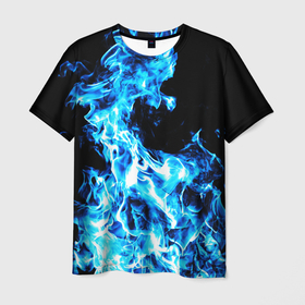 Мужская футболка 3D с принтом Красивый неоновый синий огонь в Белгороде, 100% полиэфир | прямой крой, круглый вырез горловины, длина до линии бедер | 