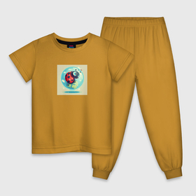 Детская пижама хлопок с принтом Планетка и Божья Коровка в Новосибирске, 100% хлопок |  брюки и футболка прямого кроя, без карманов, на брюках мягкая резинка на поясе и по низу штанин
 | Тематика изображения на принте: 