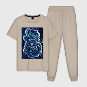 Мужская пижама хлопок с принтом Синие розы в Петрозаводске, 100% хлопок | брюки и футболка прямого кроя, без карманов, на брюках мягкая резинка на поясе и по низу штанин
 | Тематика изображения на принте: 