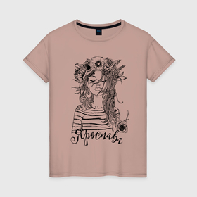Женская футболка хлопок с принтом Ярослава в венке из летних цветов в Санкт-Петербурге, 100% хлопок | прямой крой, круглый вырез горловины, длина до линии бедер, слегка спущенное плечо | 