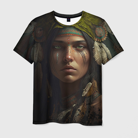 Мужская футболка 3D с принтом Девушка индеец в Белгороде, 100% полиэфир | прямой крой, круглый вырез горловины, длина до линии бедер | Тематика изображения на принте: 