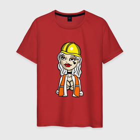 Мужская футболка хлопок с принтом Девушка строитель , 100% хлопок | прямой крой, круглый вырез горловины, длина до линии бедер, слегка спущенное плечо. | 