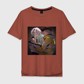 Мужская футболка хлопок Oversize с принтом Дэвид, Ребекка и Люси обнимаются   аниме Cyberpunk Edgerunners в Тюмени, 100% хлопок | свободный крой, круглый ворот, “спинка” длиннее передней части | Тематика изображения на принте: 