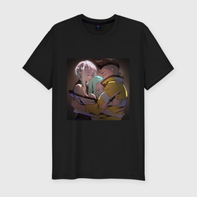 Мужская футболка хлопок Slim с принтом Дэвид, Ребекка и Люси обнимаются   аниме Cyberpunk Edgerunners в Тюмени, 92% хлопок, 8% лайкра | приталенный силуэт, круглый вырез ворота, длина до линии бедра, короткий рукав | 