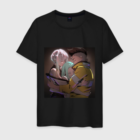 Мужская футболка хлопок с принтом Дэвид, Ребекка и Люси обнимаются   аниме Cyberpunk Edgerunners в Тюмени, 100% хлопок | прямой крой, круглый вырез горловины, длина до линии бедер, слегка спущенное плечо. | 