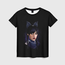Женская футболка 3D с принтом Wednesday чёрная кошка , 100% полиэфир ( синтетическое хлопкоподобное полотно) | прямой крой, круглый вырез горловины, длина до линии бедер | 