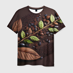 Мужская футболка 3D с принтом Кофейные зерна и листья чая , 100% полиэфир | прямой крой, круглый вырез горловины, длина до линии бедер | 