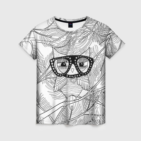 Женская футболка 3D с принтом Раскраска гламурная совушка в Петрозаводске, 100% полиэфир ( синтетическое хлопкоподобное полотно) | прямой крой, круглый вырез горловины, длина до линии бедер | 