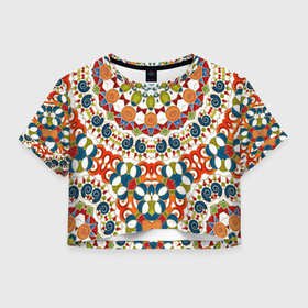 Женская футболка Crop-top 3D с принтом Разноцветный этнический орнамент в Белгороде, 100% полиэстер | круглая горловина, длина футболки до линии талии, рукава с отворотами | 