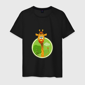 Мужская футболка хлопок с принтом Летний жирафик в Петрозаводске, 100% хлопок | прямой крой, круглый вырез горловины, длина до линии бедер, слегка спущенное плечо. | 
