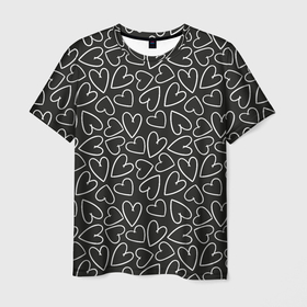 Мужская футболка 3D с принтом Белые сердечки на черном фоне в Санкт-Петербурге, 100% полиэфир | прямой крой, круглый вырез горловины, длина до линии бедер | Тематика изображения на принте: 