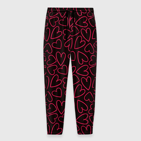 Мужские брюки 3D с принтом Розовые сердечки на темном фоне в Курске, 100% полиэстер | манжеты по низу, эластичный пояс регулируется шнурком, по бокам два кармана без застежек, внутренняя часть кармана из мелкой сетки | 