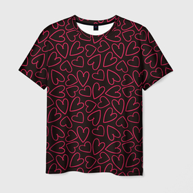 Мужская футболка 3D с принтом Розовые сердечки на темном фоне в Петрозаводске, 100% полиэфир | прямой крой, круглый вырез горловины, длина до линии бедер | Тематика изображения на принте: 