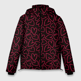 Мужская зимняя куртка 3D с принтом Розовые сердечки на темном фоне в Санкт-Петербурге, верх — 100% полиэстер; подкладка — 100% полиэстер; утеплитель — 100% полиэстер | длина ниже бедра, свободный силуэт Оверсайз. Есть воротник-стойка, отстегивающийся капюшон и ветрозащитная планка. 

Боковые карманы с листочкой на кнопках и внутренний карман на молнии. | 