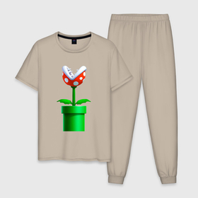 Мужская пижама хлопок с принтом Марио Растение Пиранья в Тюмени, 100% хлопок | брюки и футболка прямого кроя, без карманов, на брюках мягкая резинка на поясе и по низу штанин
 | Тематика изображения на принте: 