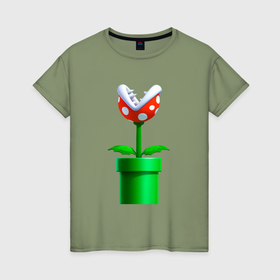 Женская футболка хлопок с принтом Марио Растение Пиранья в Тюмени, 100% хлопок | прямой крой, круглый вырез горловины, длина до линии бедер, слегка спущенное плечо | 