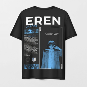 Мужская футболка 3D с принтом Eren Yeager eyes attack on titan в Новосибирске, 100% полиэфир | прямой крой, круглый вырез горловины, длина до линии бедер | 