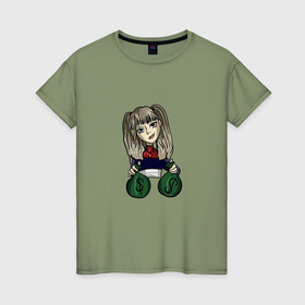 Женская футболка хлопок с принтом Лисса с долларами в Санкт-Петербурге, 100% хлопок | прямой крой, круглый вырез горловины, длина до линии бедер, слегка спущенное плечо | 