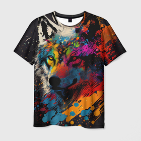 Мужская футболка 3D с принтом Волк, яркие цвета в Курске, 100% полиэфир | прямой крой, круглый вырез горловины, длина до линии бедер | 