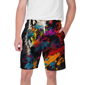 Мужские шорты 3D с принтом Волк, яркие цвета ,  полиэстер 100% | прямой крой, два кармана без застежек по бокам. Мягкая трикотажная резинка на поясе, внутри которой широкие завязки. Длина чуть выше колен | 