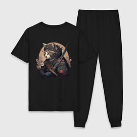 Мужская пижама хлопок с принтом Сердце кота самурая в Белгороде, 100% хлопок | брюки и футболка прямого кроя, без карманов, на брюках мягкая резинка на поясе и по низу штанин
 | 