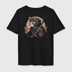 Мужская футболка хлопок Oversize с принтом Сердце кота самурая в Белгороде, 100% хлопок | свободный крой, круглый ворот, “спинка” длиннее передней части | 