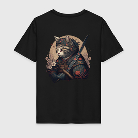 Мужская футболка хлопок с принтом Сердце кота самурая в Кировске, 100% хлопок | прямой крой, круглый вырез горловины, длина до линии бедер, слегка спущенное плечо. | 
