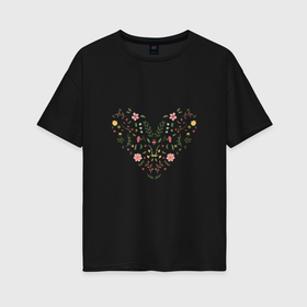 Женская футболка хлопок Oversize с принтом Сердце из цветов любовь в Екатеринбурге, 100% хлопок | свободный крой, круглый ворот, спущенный рукав, длина до линии бедер
 | 