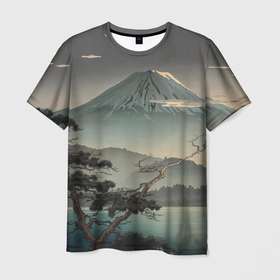 Мужская футболка 3D с принтом Великий вулкан Фудзияма , 100% полиэфир | прямой крой, круглый вырез горловины, длина до линии бедер | 