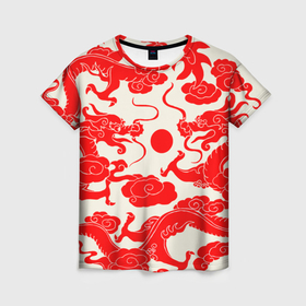Женская футболка 3D с принтом Японские красные драконы в Рязани, 100% полиэфир ( синтетическое хлопкоподобное полотно) | прямой крой, круглый вырез горловины, длина до линии бедер | 
