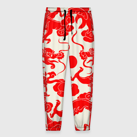 Мужские брюки 3D с принтом Японские красные драконы в Санкт-Петербурге, 100% полиэстер | манжеты по низу, эластичный пояс регулируется шнурком, по бокам два кармана без застежек, внутренняя часть кармана из мелкой сетки | 