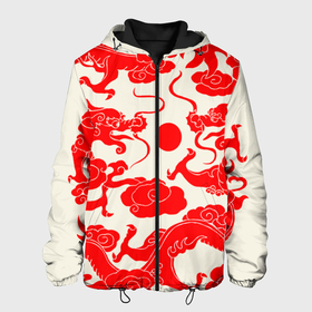 Мужская куртка 3D с принтом Японские красные драконы в Рязани, ткань верха — 100% полиэстер, подклад — флис | прямой крой, подол и капюшон оформлены резинкой с фиксаторами, два кармана без застежек по бокам, один большой потайной карман на груди. Карман на груди застегивается на липучку | 