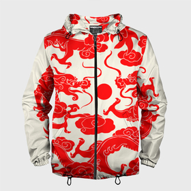 Мужская ветровка 3D с принтом Японские красные драконы в Екатеринбурге, 100% полиэстер | подол и капюшон оформлены резинкой с фиксаторами, два кармана без застежек по бокам, один потайной карман на груди | 