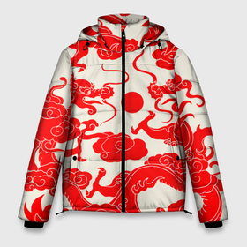 Мужская зимняя куртка 3D с принтом Японские красные драконы в Петрозаводске, верх — 100% полиэстер; подкладка — 100% полиэстер; утеплитель — 100% полиэстер | длина ниже бедра, свободный силуэт Оверсайз. Есть воротник-стойка, отстегивающийся капюшон и ветрозащитная планка. 

Боковые карманы с листочкой на кнопках и внутренний карман на молнии. | 