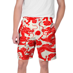 Мужские шорты 3D с принтом Японские красные драконы в Кировске,  полиэстер 100% | прямой крой, два кармана без застежек по бокам. Мягкая трикотажная резинка на поясе, внутри которой широкие завязки. Длина чуть выше колен | 