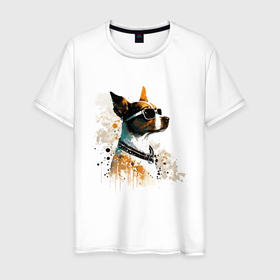 Мужская футболка хлопок с принтом Собака и брызги краски в Белгороде, 100% хлопок | прямой крой, круглый вырез горловины, длина до линии бедер, слегка спущенное плечо. | 