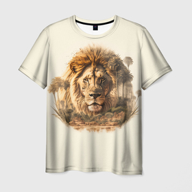 Мужская футболка 3D с принтом Лев в зарослях саванны в Тюмени, 100% полиэфир | прямой крой, круглый вырез горловины, длина до линии бедер | 
