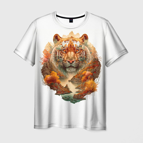 Мужская футболка 3D с принтом Портрет тигра в окружении природы в Кировске, 100% полиэфир | прямой крой, круглый вырез горловины, длина до линии бедер | 