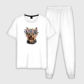 Мужская пижама хлопок с принтом Spring: yorky в Петрозаводске, 100% хлопок | брюки и футболка прямого кроя, без карманов, на брюках мягкая резинка на поясе и по низу штанин
 | 