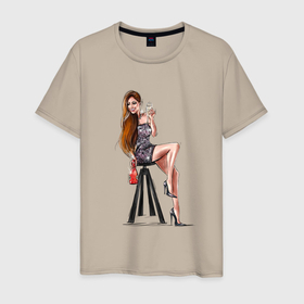 Мужская футболка хлопок с принтом Веселая девушка с бокалом в Санкт-Петербурге, 100% хлопок | прямой крой, круглый вырез горловины, длина до линии бедер, слегка спущенное плечо. | 