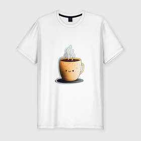 Мужская футболка хлопок Slim с принтом Кружка кофе с улыбкой   напитки в Екатеринбурге, 92% хлопок, 8% лайкра | приталенный силуэт, круглый вырез ворота, длина до линии бедра, короткий рукав | 