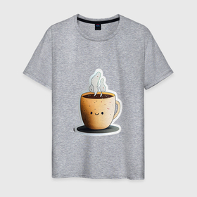 Мужская футболка хлопок с принтом Кружка кофе с улыбкой   напитки в Белгороде, 100% хлопок | прямой крой, круглый вырез горловины, длина до линии бедер, слегка спущенное плечо. | 