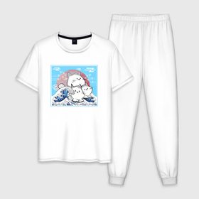 Мужская пижама хлопок с принтом Морские котики на большой волне в Белгороде, 100% хлопок | брюки и футболка прямого кроя, без карманов, на брюках мягкая резинка на поясе и по низу штанин
 | 