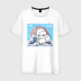Мужская футболка хлопок с принтом Морские котики на большой волне в Новосибирске, 100% хлопок | прямой крой, круглый вырез горловины, длина до линии бедер, слегка спущенное плечо. | Тематика изображения на принте: 
